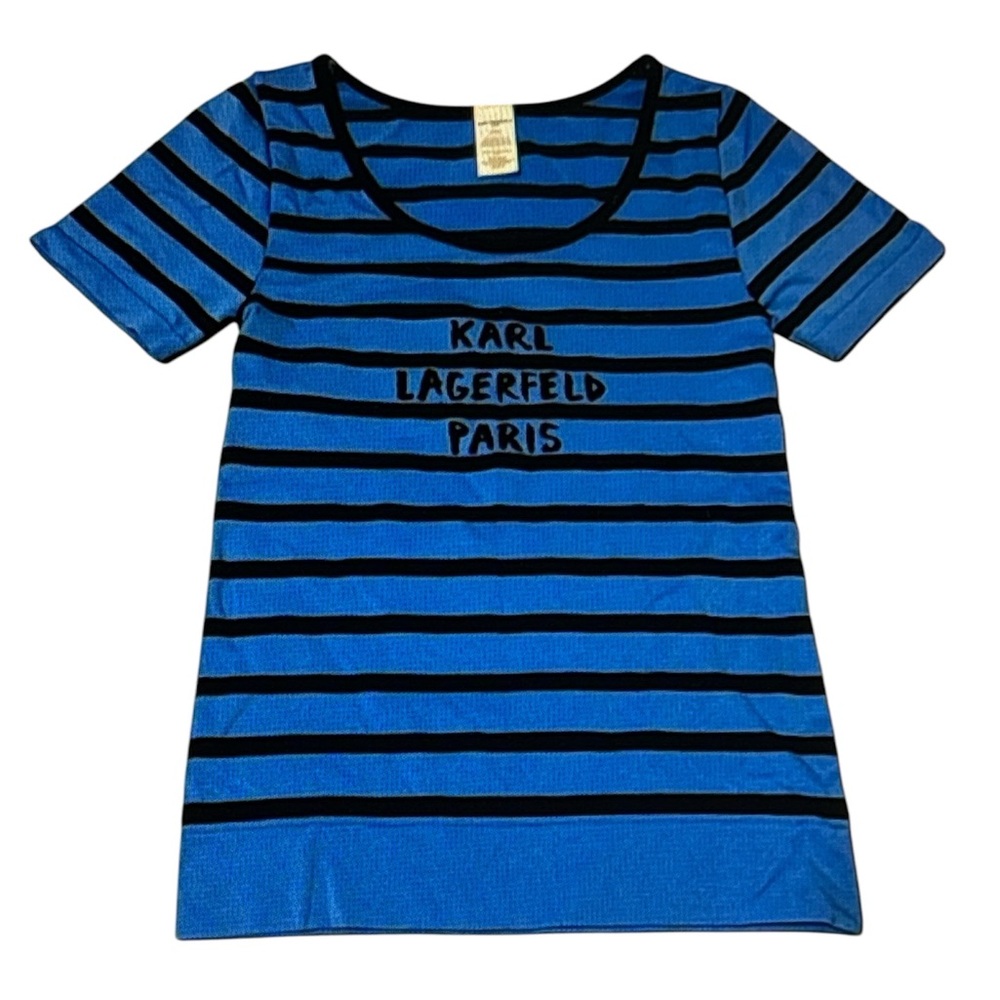Karl Lagerfeld Paris Blue and Black Striped Seamless T-Shirt -Women’s Size Small